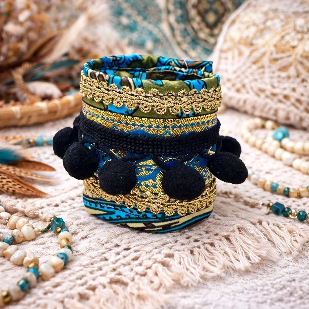 RUBYRUDI Cuff Bracelet Handcrafted OOAK Fabric Embellished Artisan Wearable Art